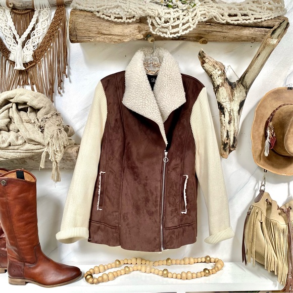 Teddy/Sherpa Moto fall jacket w vegan suede leathen & western/boho/country vibe - Picture 12 of 16